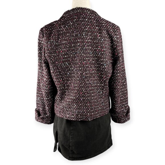 Chico’s Tweed Open Front Blazer Women’s Size 0 Black Purple Metallic Zip Pockets - Picture 2 of 8